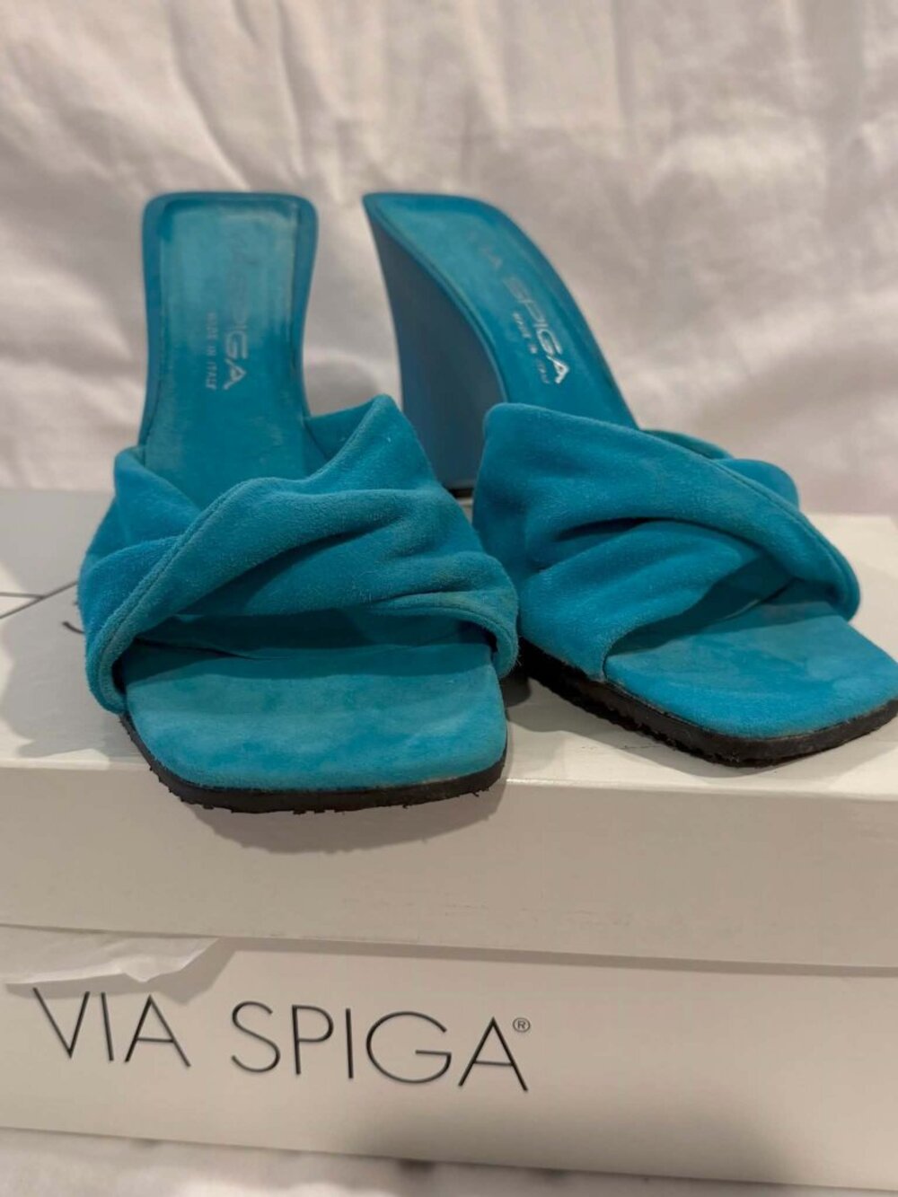 Via Spiga Teal Suede Knot Slide Sandals